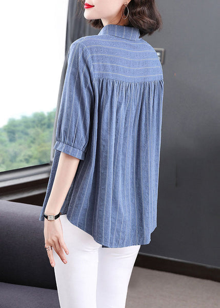 Plus Size Blue Peter Pan Collar Striped Patchwork Cotton Shirt Tops Summer TQ1005