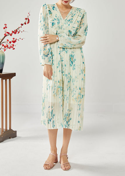 Plus Size Blue Print Patchwork Ruffles Wrinkled Chiffon Long Dress Spring LY1815