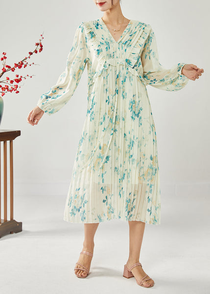 Plus Size Blue Print Patchwork Ruffles Wrinkled Chiffon Long Dress Spring LY1815