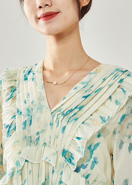 Plus Size Blue Print Patchwork Ruffles Wrinkled Chiffon Long Dress Spring LY1815