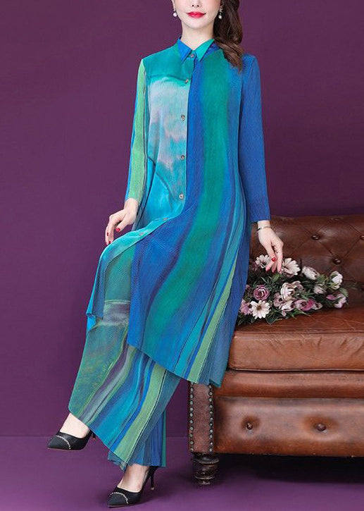 Plus Size Blue Print Side Open Silk Long Shirt And Wide Leg Pants Two Pieces Set Spring LY1017
