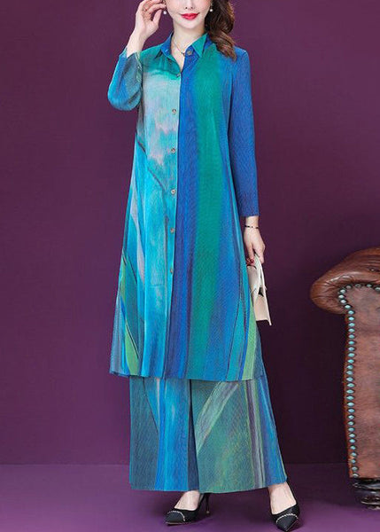 Plus Size Blue Print Side Open Silk Long Shirt And Wide Leg Pants Two Pieces Set Spring LY1017