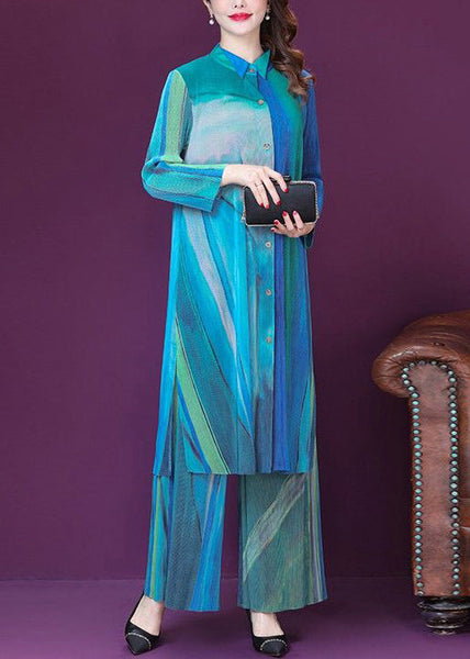 Plus Size Blue Print Side Open Silk Long Shirt And Wide Leg Pants Two Pieces Set Spring LY1017