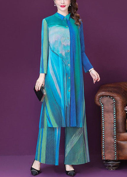 Plus Size Blue Print Side Open Silk Long Shirt And Wide Leg Pants Two Pieces Set Spring LY1017