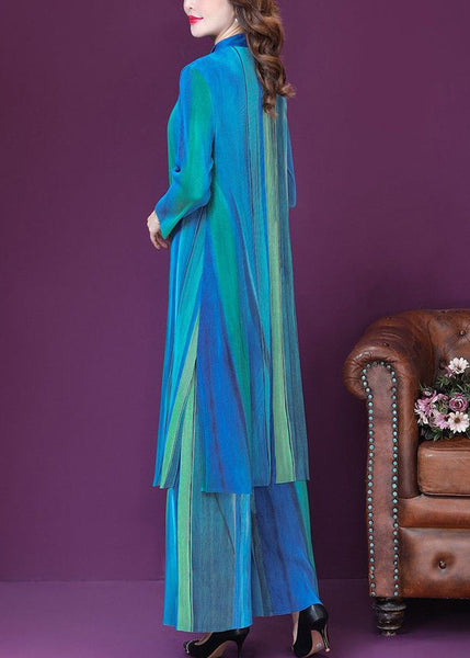 Plus Size Blue Print Side Open Silk Long Shirt And Wide Leg Pants Two Pieces Set Spring LY1017