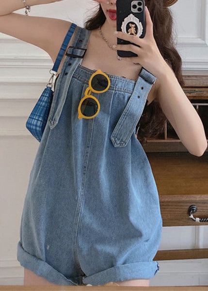 Plus Size Blue Slash Neck Patchwork Button Jumpsuit Pants Summer LY0196