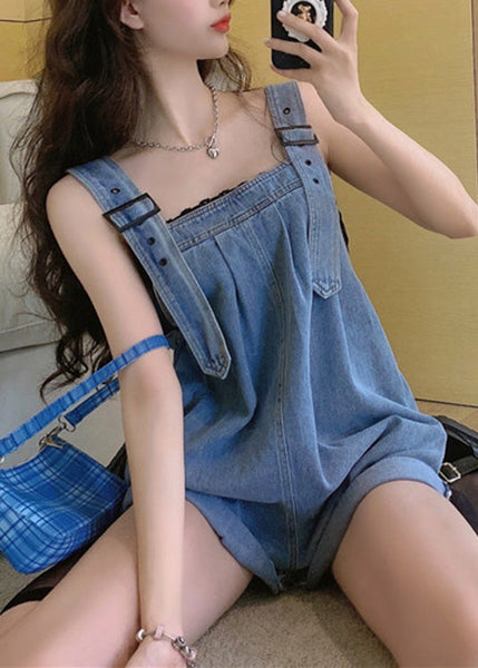 Plus Size Blue Slash Neck Patchwork Button Jumpsuit Pants Summer LY0196