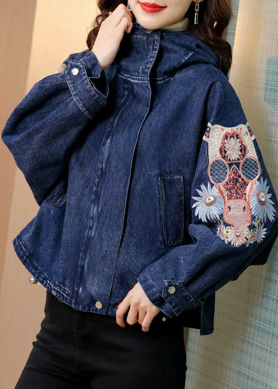 Plus Size Blue Stand Collar Embroideried Denim Coats Spring AC2007