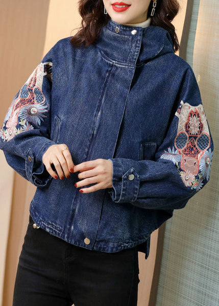 Plus Size Blue Stand Collar Embroideried Denim Coats Spring AC2007