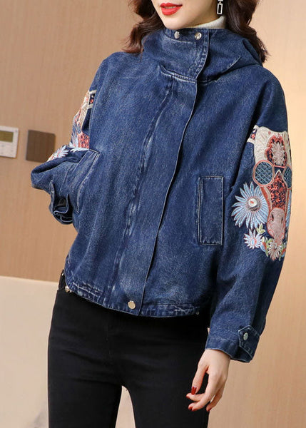 Plus Size Blue Stand Collar Embroideried Denim Coats Spring AC2007