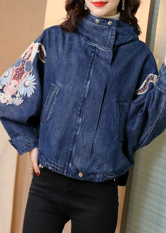 Plus Size Blue Stand Collar Embroideried Denim Coats Spring AC2007