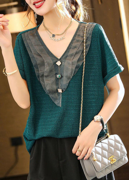 Plus Size Blue V Neck Organza Patchwork Tops Short Sleeve LY1517