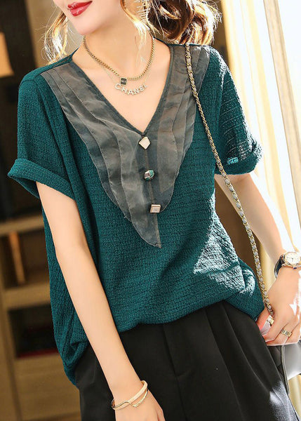 Plus Size Blue V Neck Organza Patchwork Tops Short Sleeve LY1517