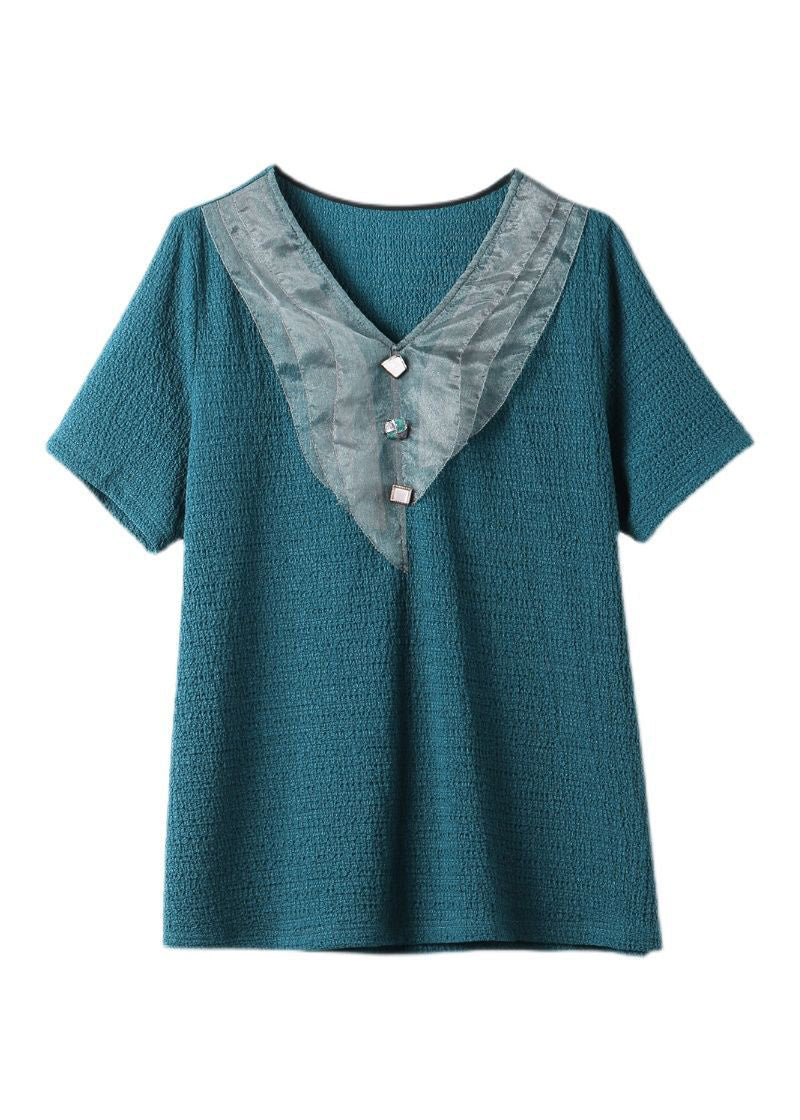 Plus Size Blue V Neck Organza Patchwork Tops Short Sleeve LY1517