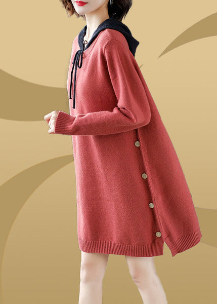 Plus Size Brick Red Patchwork Button Thick Hooded Knit Woolen Sweater Dress Fall HA1021