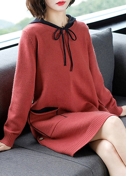 Plus Size Brick Red Patchwork Button Thick Hooded Knit Woolen Sweater Dress Fall HA1021