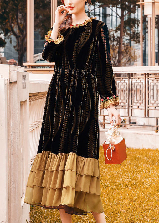 Plus Size Brown Cinched Patchwork Ruffles Silk Velour Dress AC3043