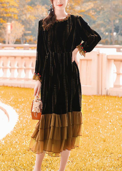Plus Size Brown Cinched Patchwork Ruffles Silk Velour Dress Spring LY0737