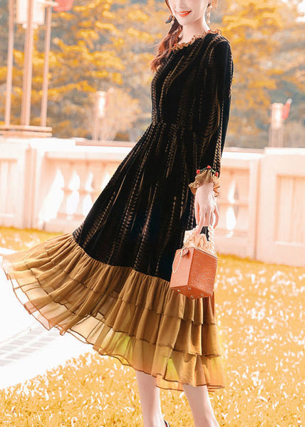 Plus Size Brown Cinched Patchwork Ruffles Silk Velour Dress AC3043