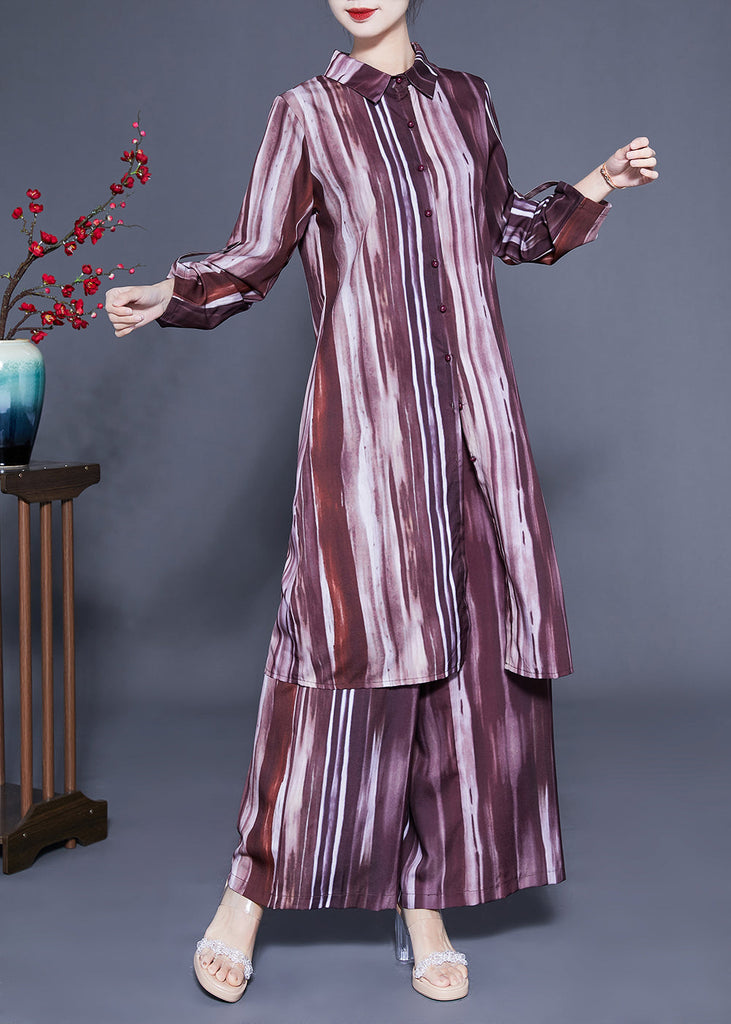 Plus Size Brown Peter Pan Collar Tie Dye Silk Long Shirt And Straight Pants Two Pieces Set Spring LC0409