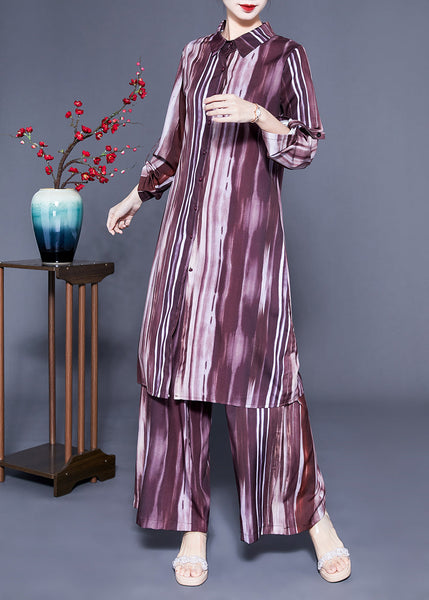 Plus Size Brown Peter Pan Collar Tie Dye Silk Long Shirt And Straight Pants Two Pieces Set Spring LC0409