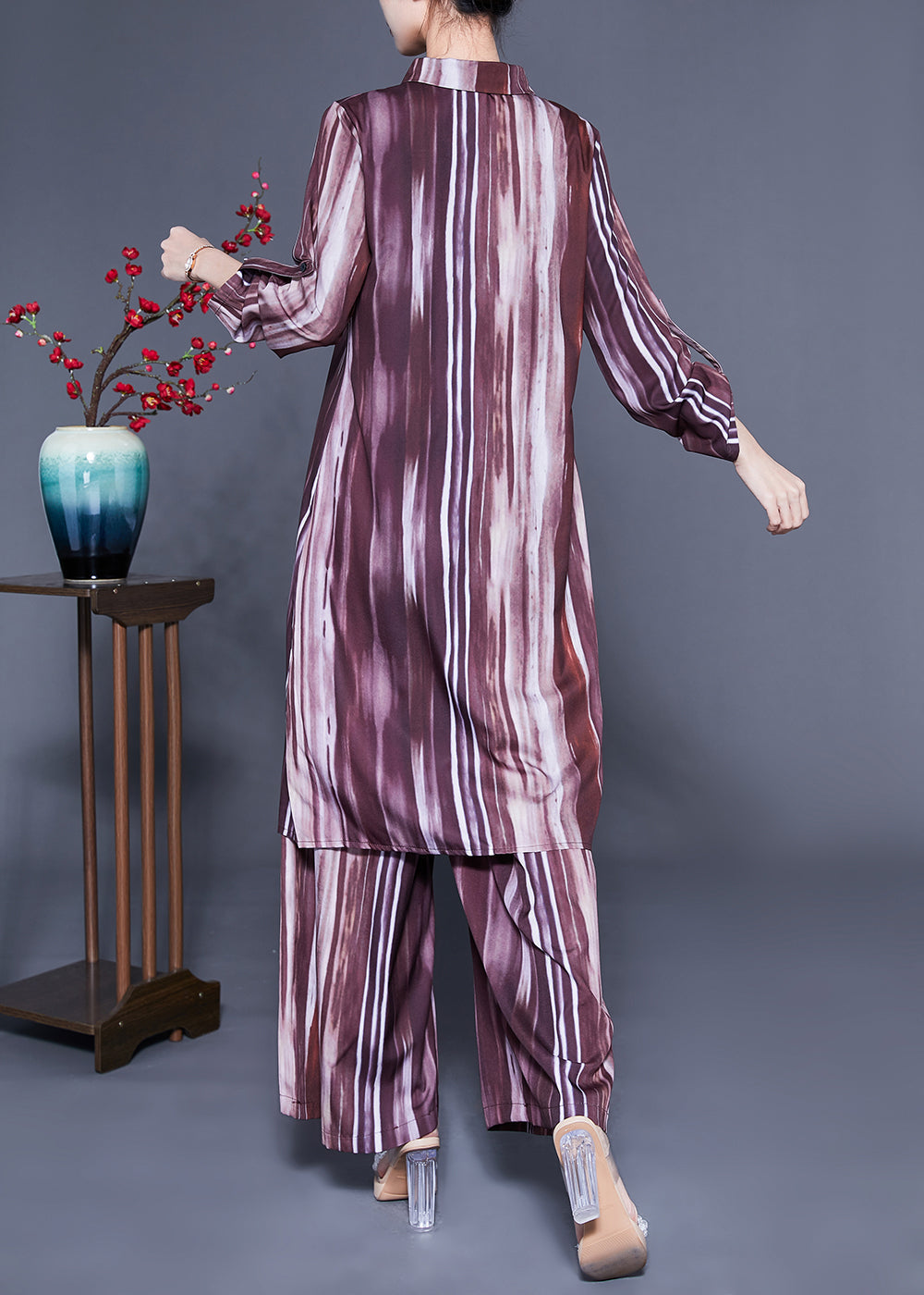 Plus Size Brown Peter Pan Collar Tie Dye Silk Long Shirt And Straight Pants Two Pieces Set Spring LC0409