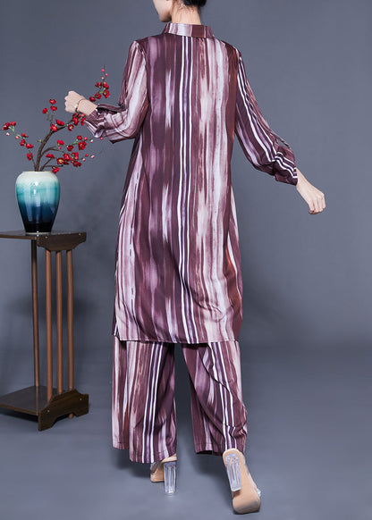 Plus Size Brown Peter Pan Collar Tie Dye Silk Long Shirt And Straight Pants Two Pieces Set Spring LC0409