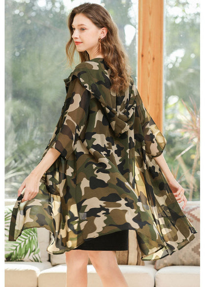 Plus Size Camouflage Hooded Print Chiffon Cardigan Summer LY0252