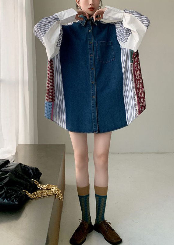 Plus Size Colorblock Denim Patchwork Striped Print Cotton Shirt Dresses Spring LY0758