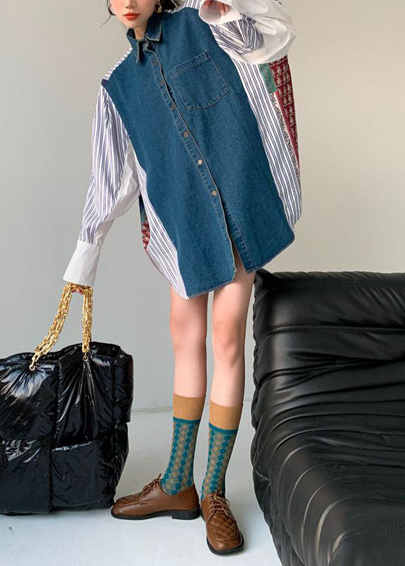 Plus Size Colorblock Denim Patchwork Striped Print Cotton Shirt Dresses Spring LY0758