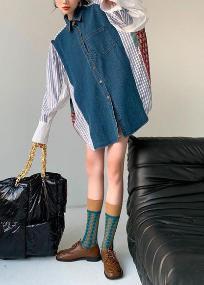 Plus Size Colorblock Denim Patchwork Striped Print Cotton Shirt Dresses Spring LY0758