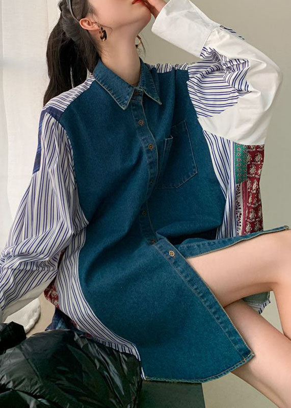 Plus Size Colorblock Denim Patchwork Striped Print Cotton Shirt Dresses Spring LY0758