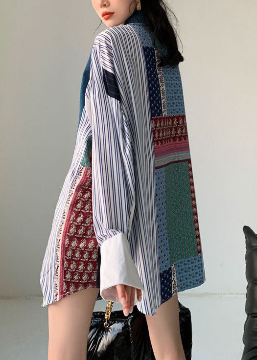 Plus Size Colorblock Denim Patchwork Striped Print Cotton Shirt Dresses Spring LY0758