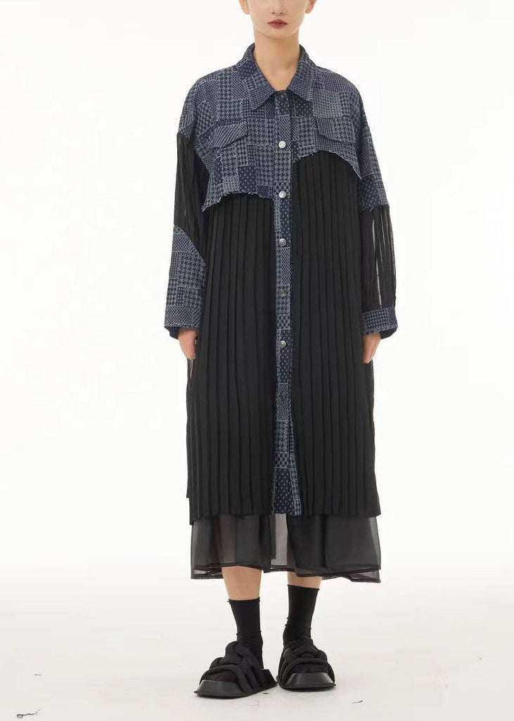 Plus Size Colorblock Oversized Denim Patchwork Wrinkled Chiffon Shirt Dresses Spring LC0155