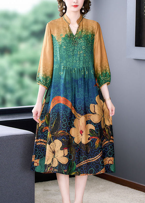 Plus Size Colorblock Print Wrinkled Silk A Line Dresses Bracelet Sleeve TH1023