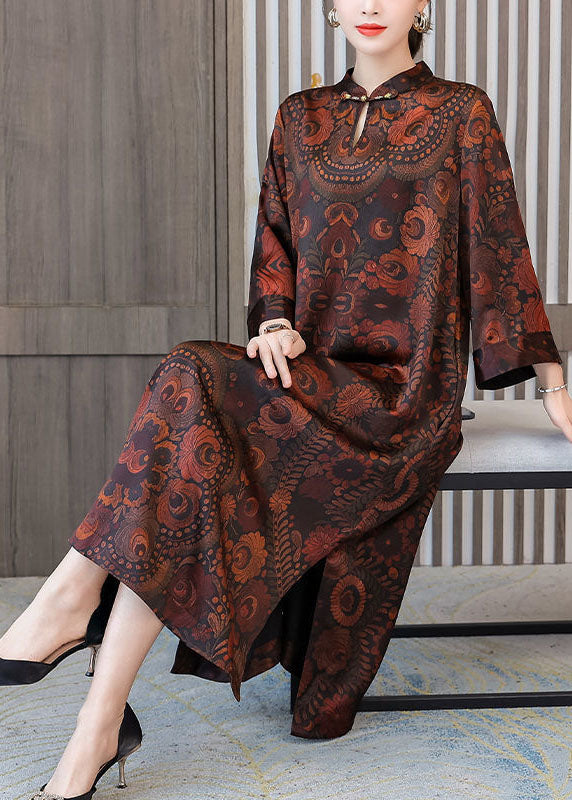 Plus Size Dark Brown Print Mandarin Collar Silk A Line Dress Spring LC0204