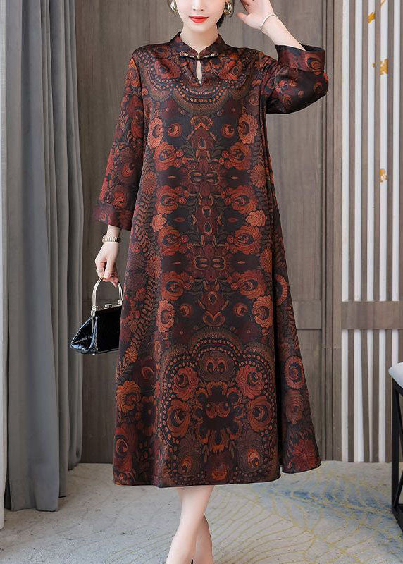 Plus Size Dark Brown Print Mandarin Collar Silk A Line Dress Spring LC0204