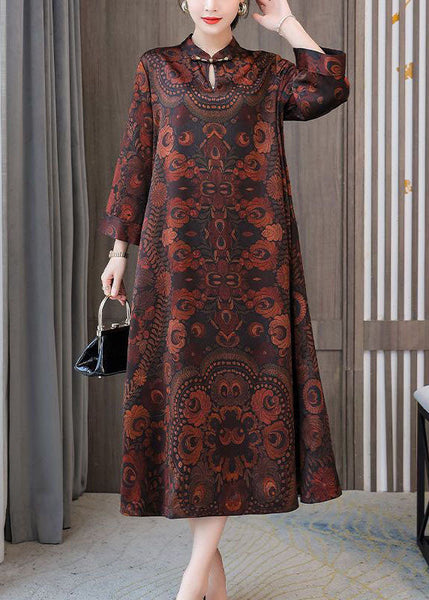 Plus Size Dark Brown Print Mandarin Collar Silk A Line Dress Spring LY1691