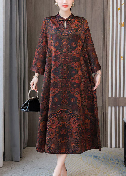 Plus Size Dark Brown Print Mandarin Collar Silk A Line Dress Spring LC0204