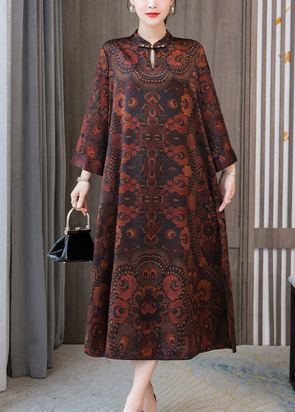 Plus Size Dark Brown Print Mandarin Collar Silk A Line Dress Spring LY1691