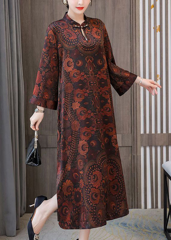 Plus Size Dark Brown Print Mandarin Collar Silk A Line Dress Spring LY1691