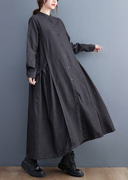 Plus Size Denim Black Stand Collar Patchwork Wrinkled Button Ankle Shirts Dress Long Sleeve AC2014