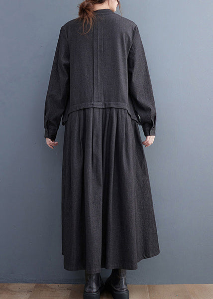 Plus Size Denim Black Stand Collar Patchwork Wrinkled Button Ankle Shirts Dress Long Sleeve AC2014