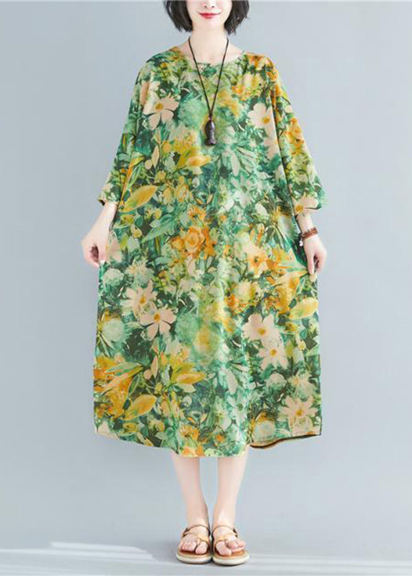 Plus Size Green O-Neck Print Linen Robe Dresses Bracelet Sleeve LY0895