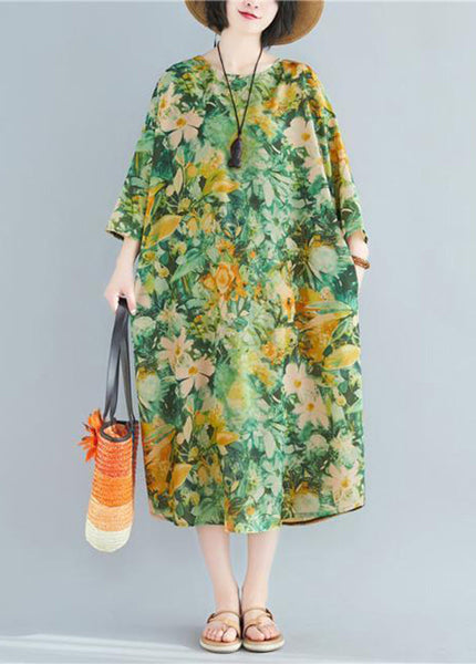 Plus Size Green O-Neck Print Linen Robe Dresses Bracelet Sleeve LY0895