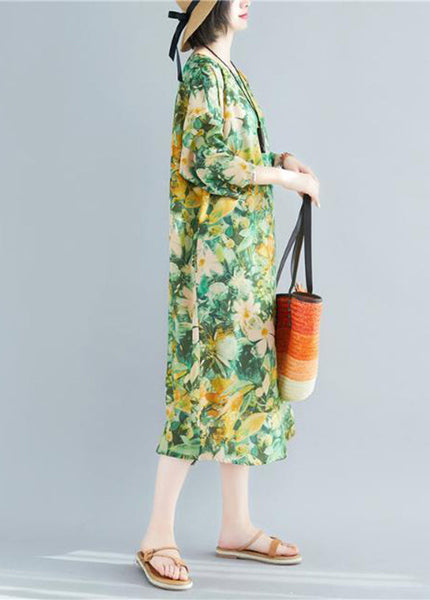 Plus Size Green O-Neck Print Linen Robe Dresses Bracelet Sleeve LY0895