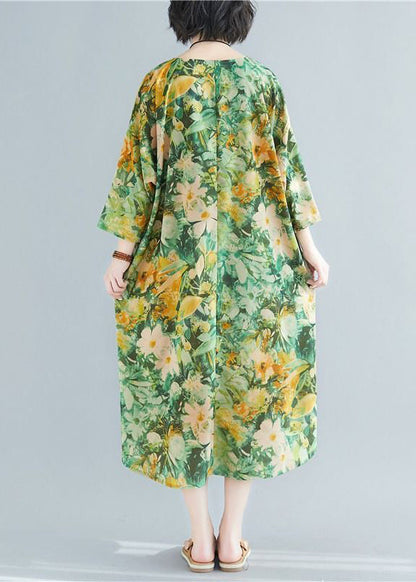 Plus Size Green O-Neck Print Linen Robe Dresses Bracelet Sleeve LY0895