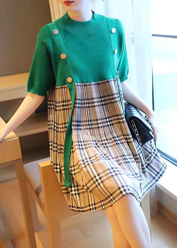 Plus Size Green Stand Collar Patchwork Plaid Knit Mid Dresses Summer LY1400