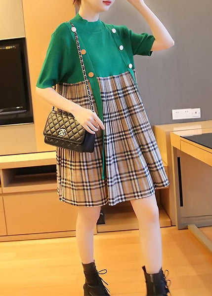 Plus Size Green Stand Collar Patchwork Plaid Knit Mid Dresses Summer LY1400