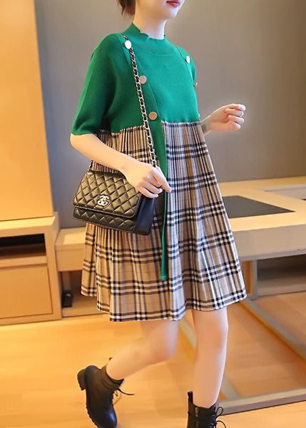 Plus Size Green Stand Collar Patchwork Plaid Knit Mid Dresses Summer LY1400